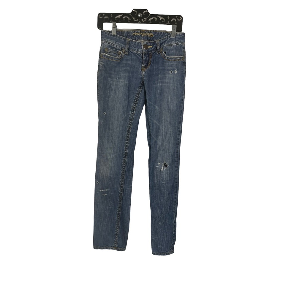American Eagle Straight 77 Jeans Womens 0 Reg Blue Distressed Low Rise Denim